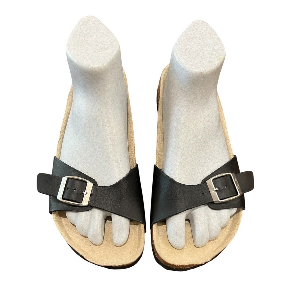 Tula by Birkenstock Madrid Black Leather Flat Adjustable Slide Sandals  Size 7